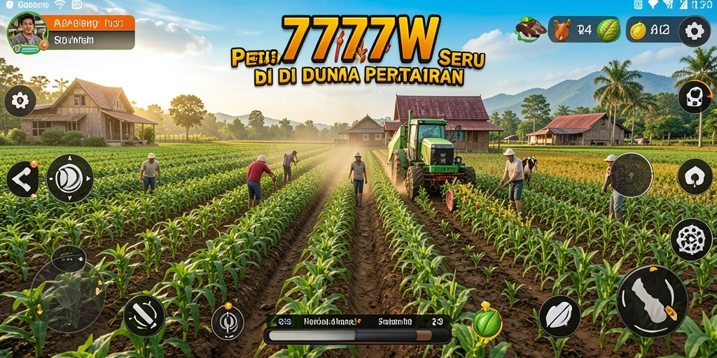Tampilan gameplay seru dalam 7777W dengan berbagai aktivitas pertanian.