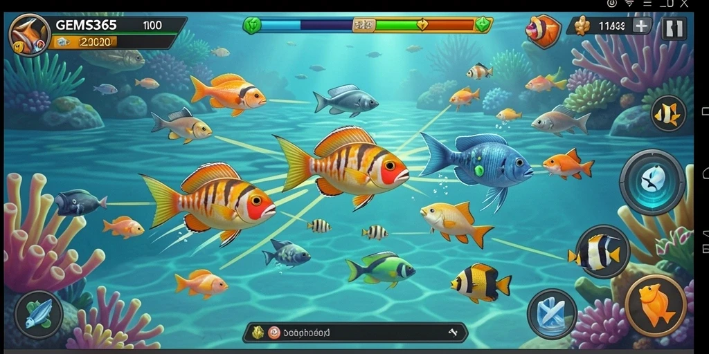Tampilan gameplay seru dalam GEMS365 menampilkan momen menangkap ikan.