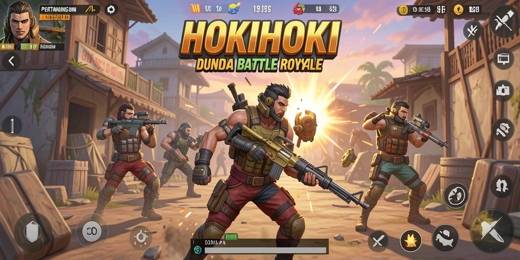 Screenshot utama HOKIHOKI menampilkan pertempuran seru di arena Battle Royale.