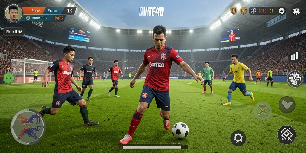 Tangkapan layar gameplay <strong>SINTE4D</strong> yang menampilkan aksi di lapangan sepak bola.