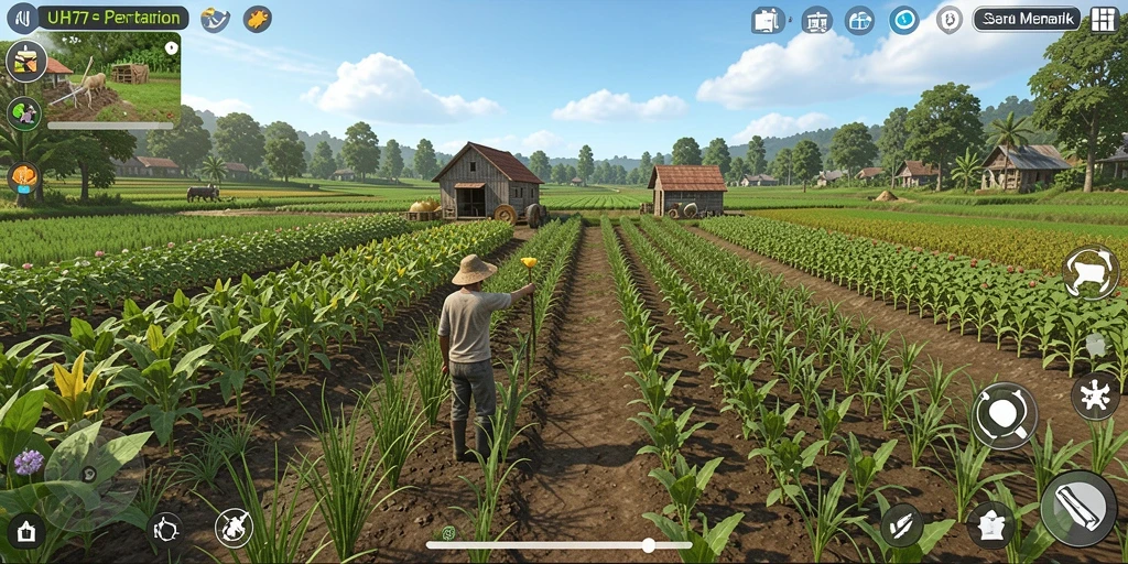 Tampilan gameplay UH77 menunjukkan aktivitas pertanian yang menarik.